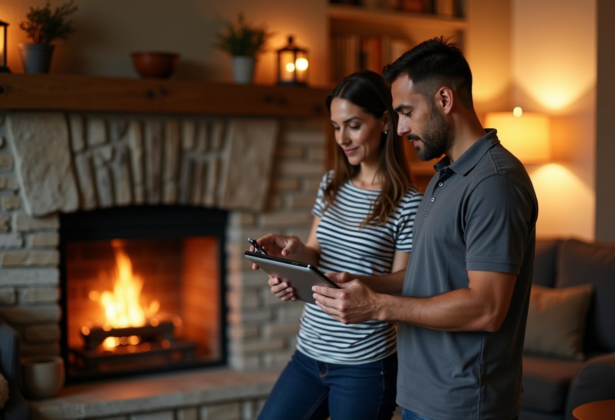 Technician showing a camera inspection beside a stone fireplace — Oxon Hill