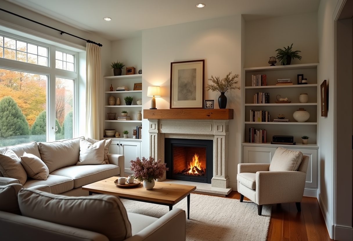 Lit stone fireplace in a bright living room — Oxon Hill